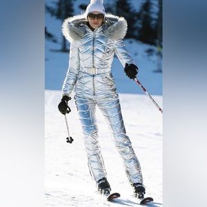 ❄️ Women  SILVER Winter Onesies Ski Suit Fur Collar Ski Jumpsuit Snowsuit *NEW*
